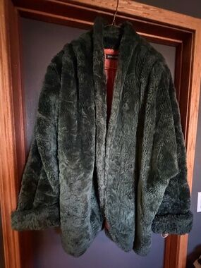 Women's Dark Green Teddy Jacket - Plush Faux Fur Coat